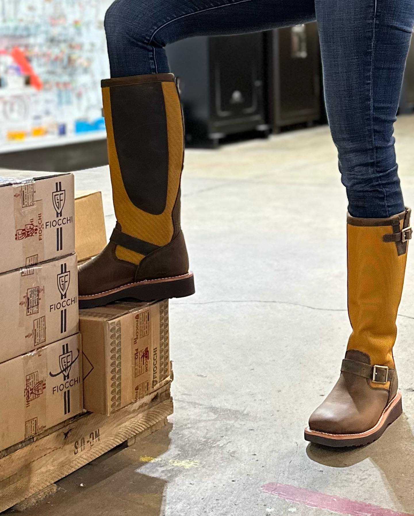 Woman-wearing-Chippewa-Boots-on-box-at-Glick-Twins-in-Pharr-Texas